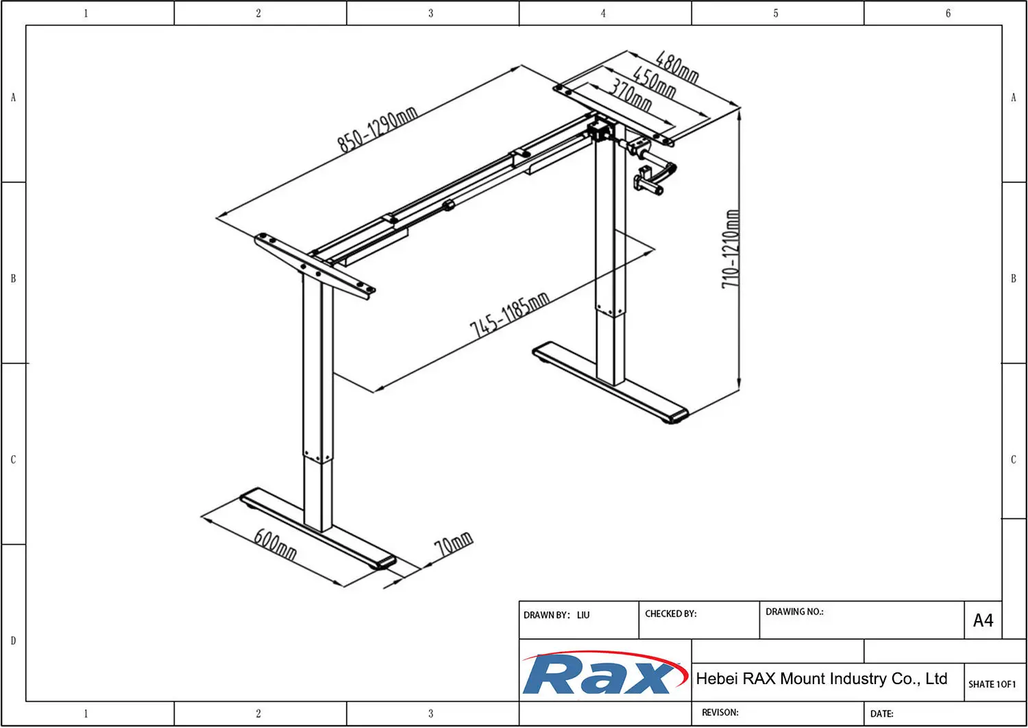 Manual Crank Standing Desk Frame Drawing