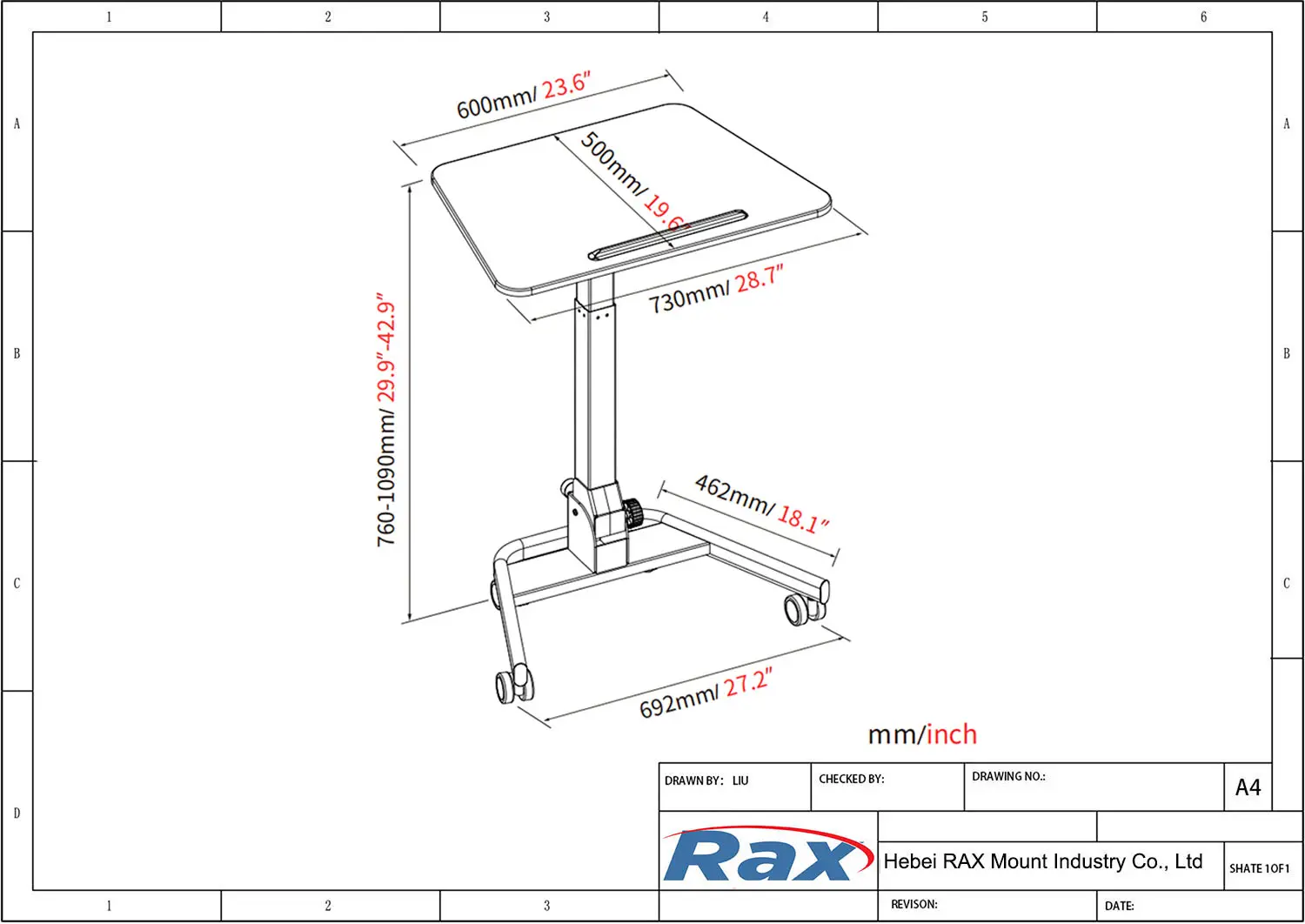 Height Adjustable Desk with Wheels Drawing