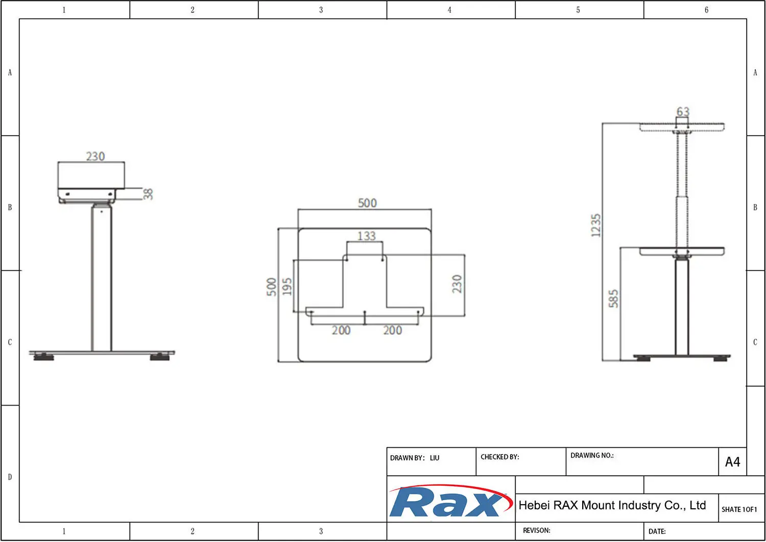 Single Column Standing Desk Frame Drawing
