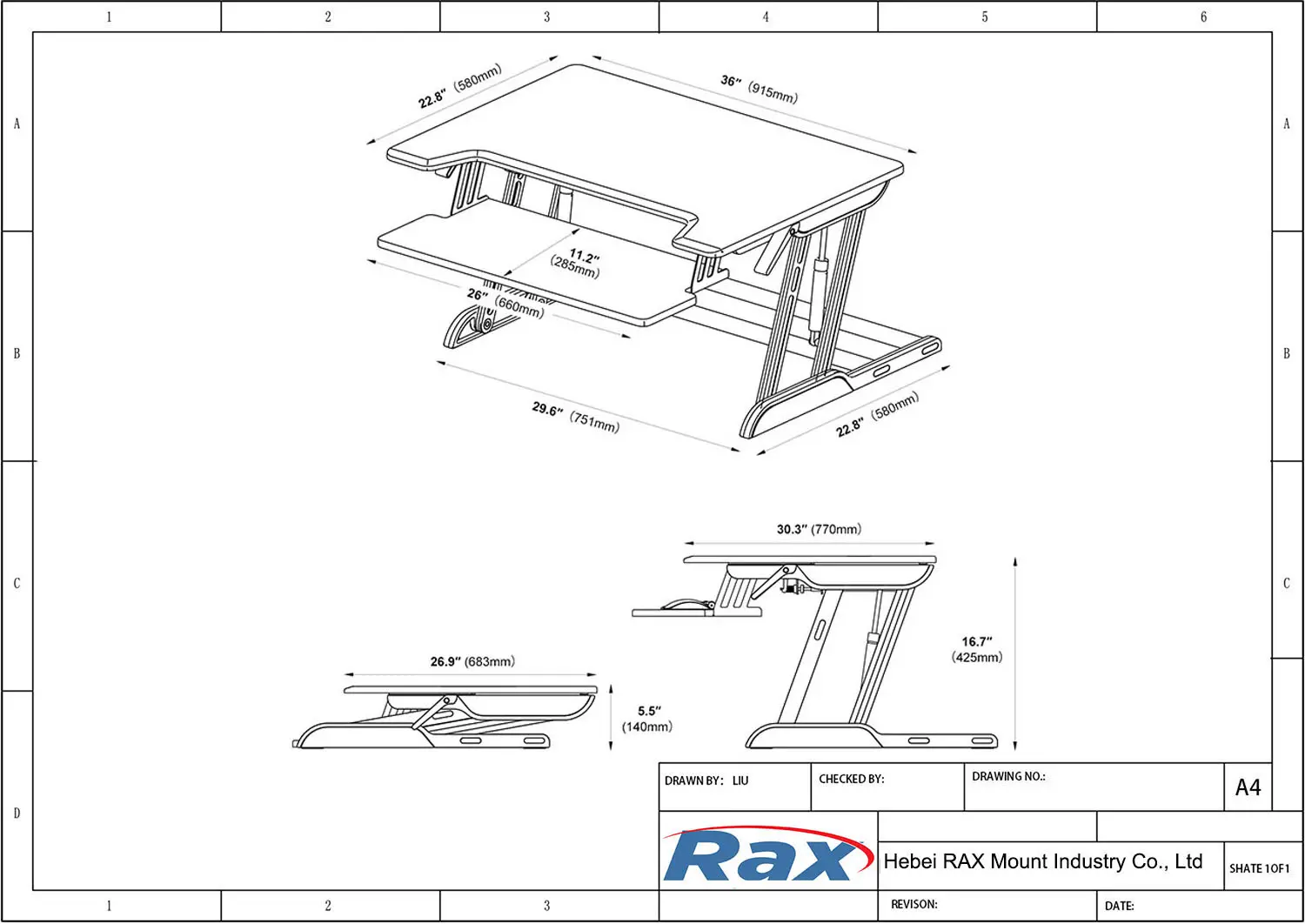 Pneumatic Standing Desk Converter / Gas Spring Standing Desk Converter Drawing